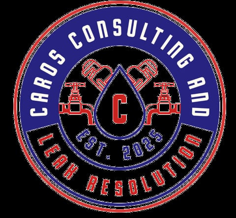 Caros Consulting and Leak Resolution circular logo with red wrenches and blue background